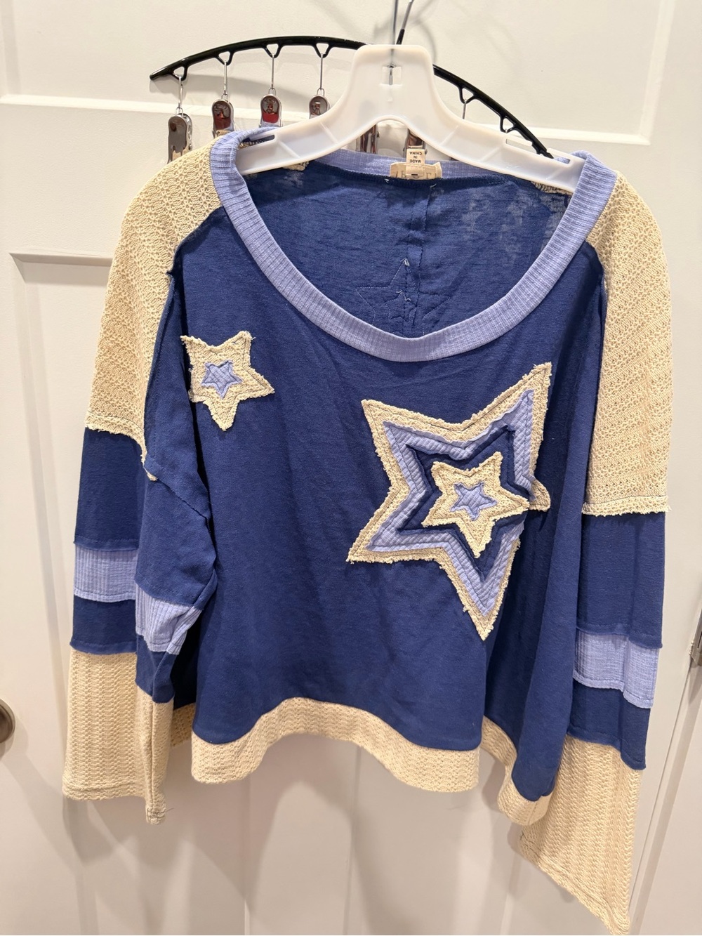 POL Clothing Blue Cream Star Patchwork Mixed Media Top Medium